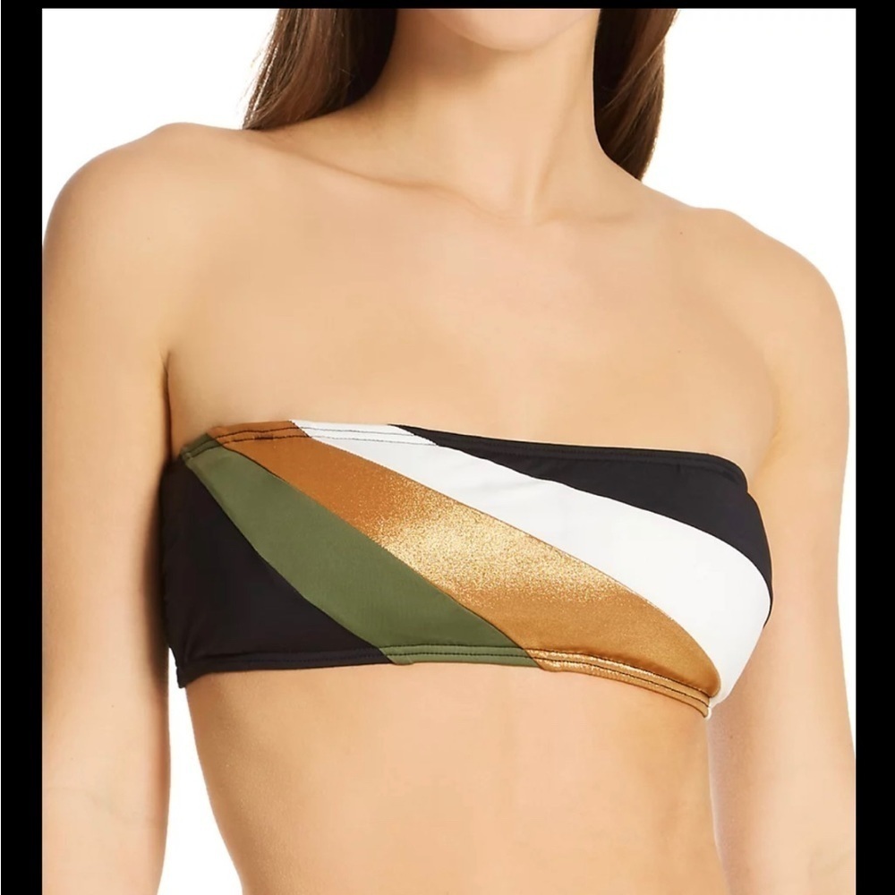 Vince Camuto Gold Shimmer Blocked Square Neck Swim Top L bikini top